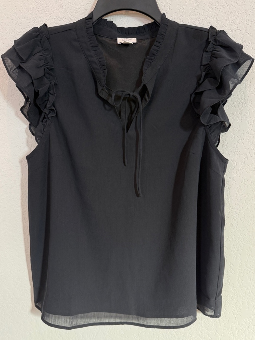 J. Crew Black Ruffle Sleeve Tie-Neck Top